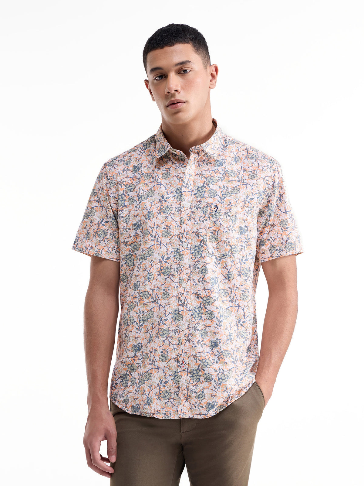 Printed Half Sleeve Cotton Shirt - Peach t4option_1