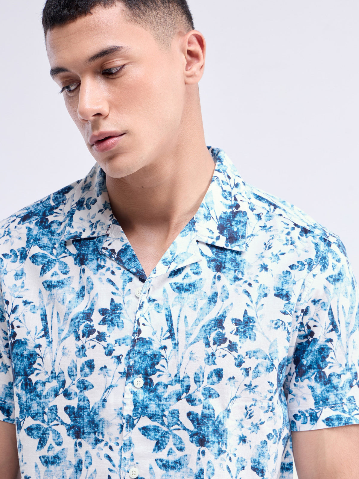 Printed Half Sleeve Cotton Shirt - Denim t4option_0