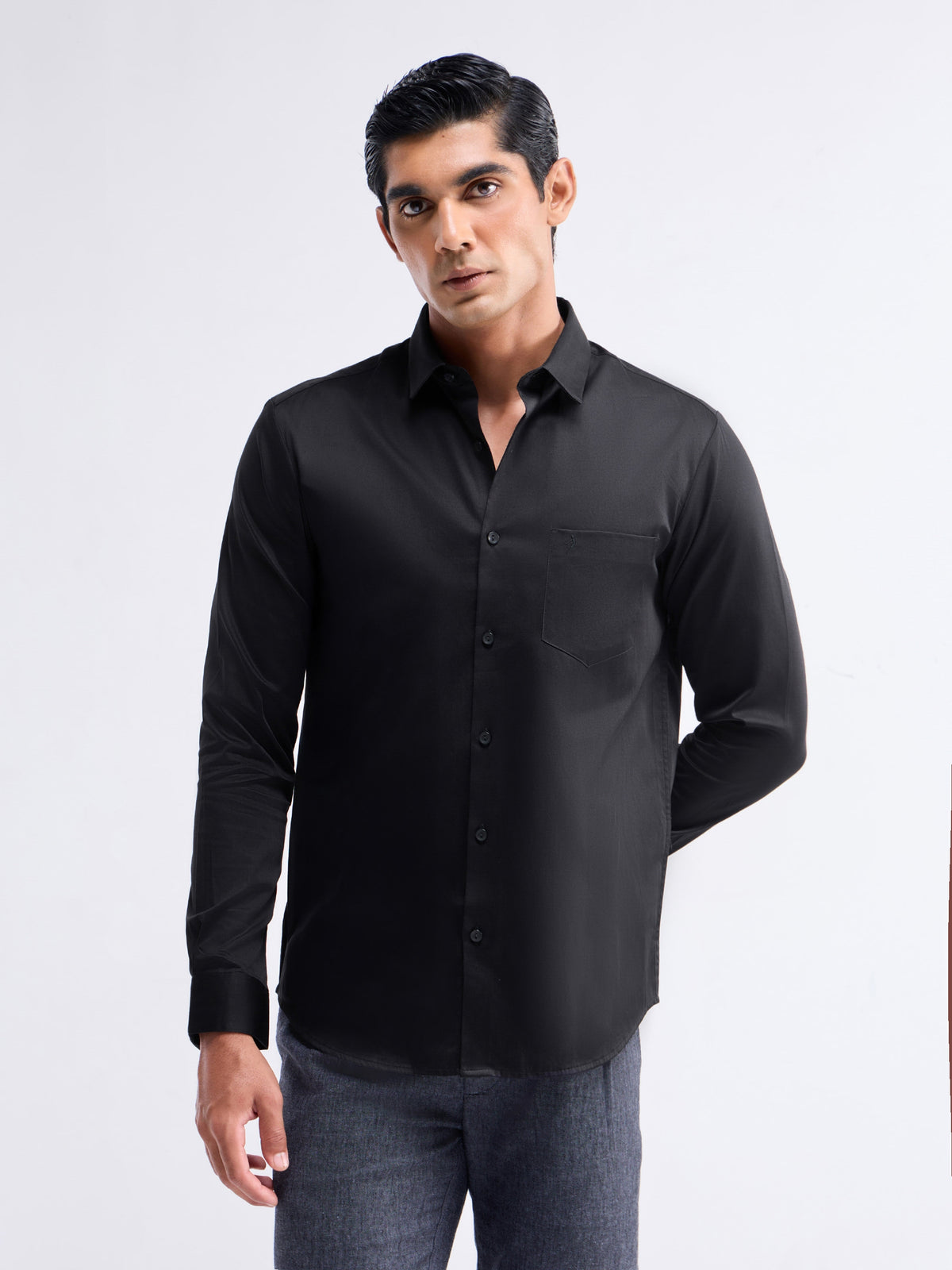 Solid Full Sleeve Cotton Stretch Shirt - Black t4option_3