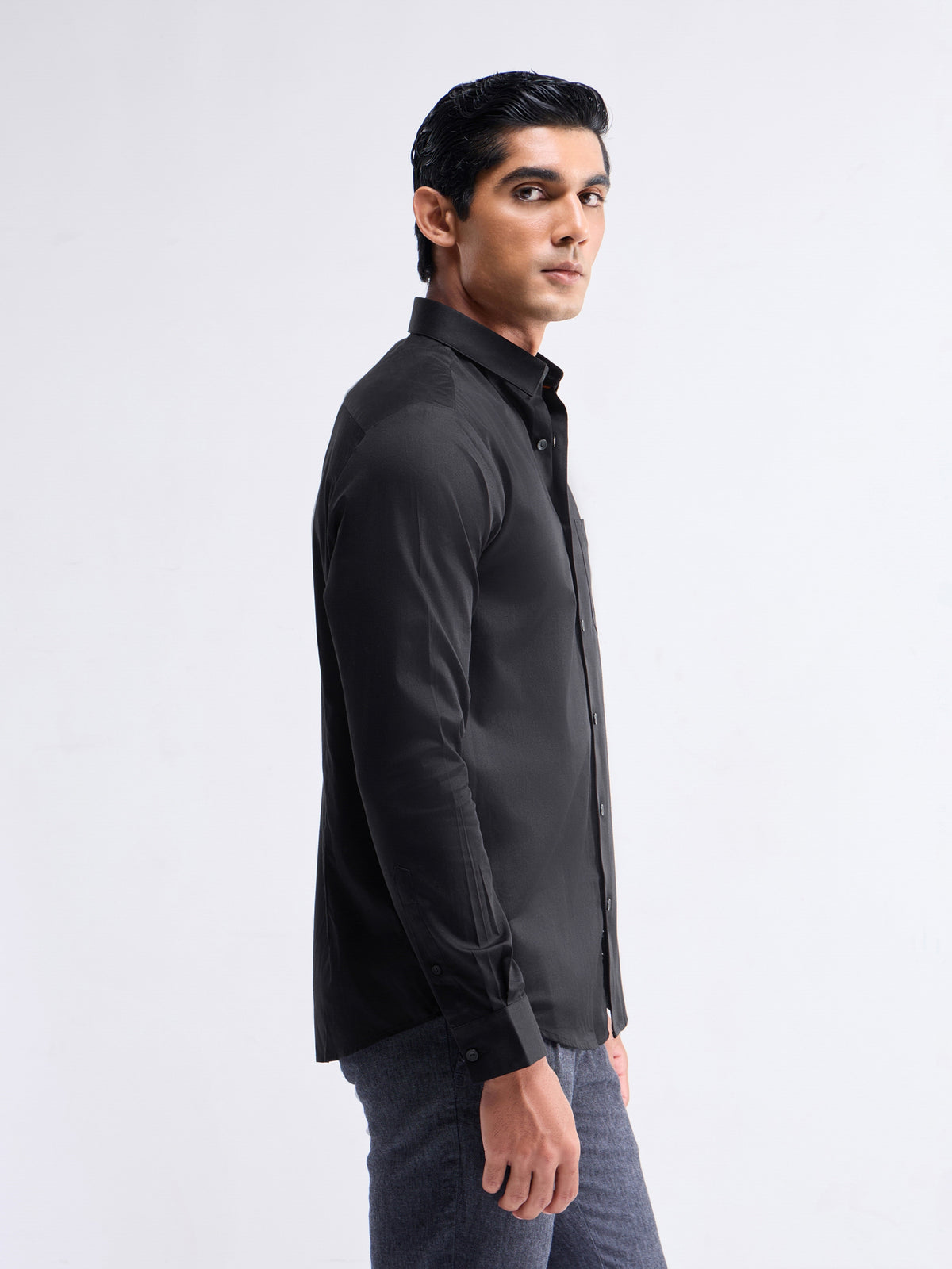 Solid Full Sleeve Cotton Stretch Shirt - Black t4option_3