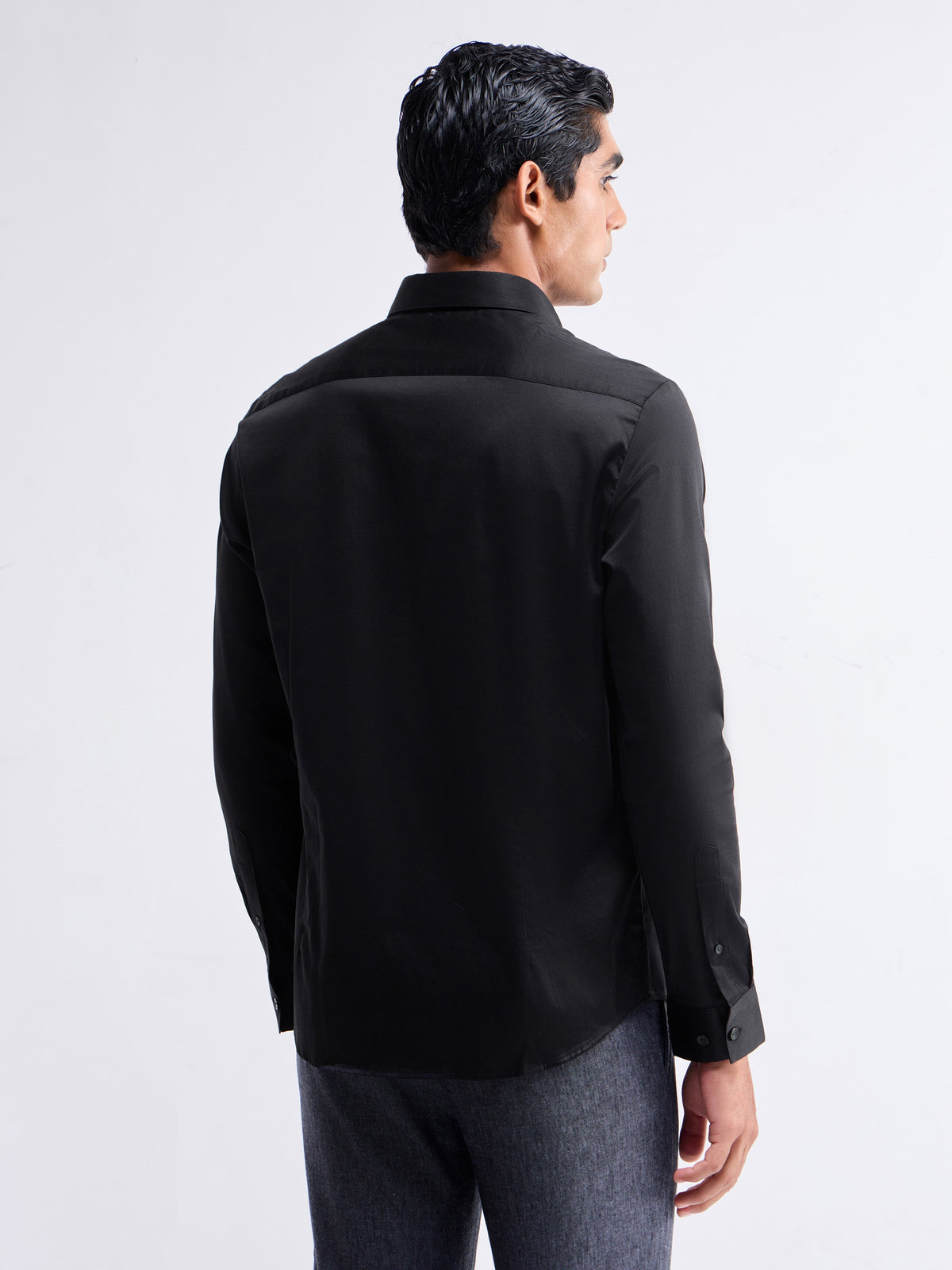 Solid Full Sleeve Cotton Stretch Shirt - Black t4option_3