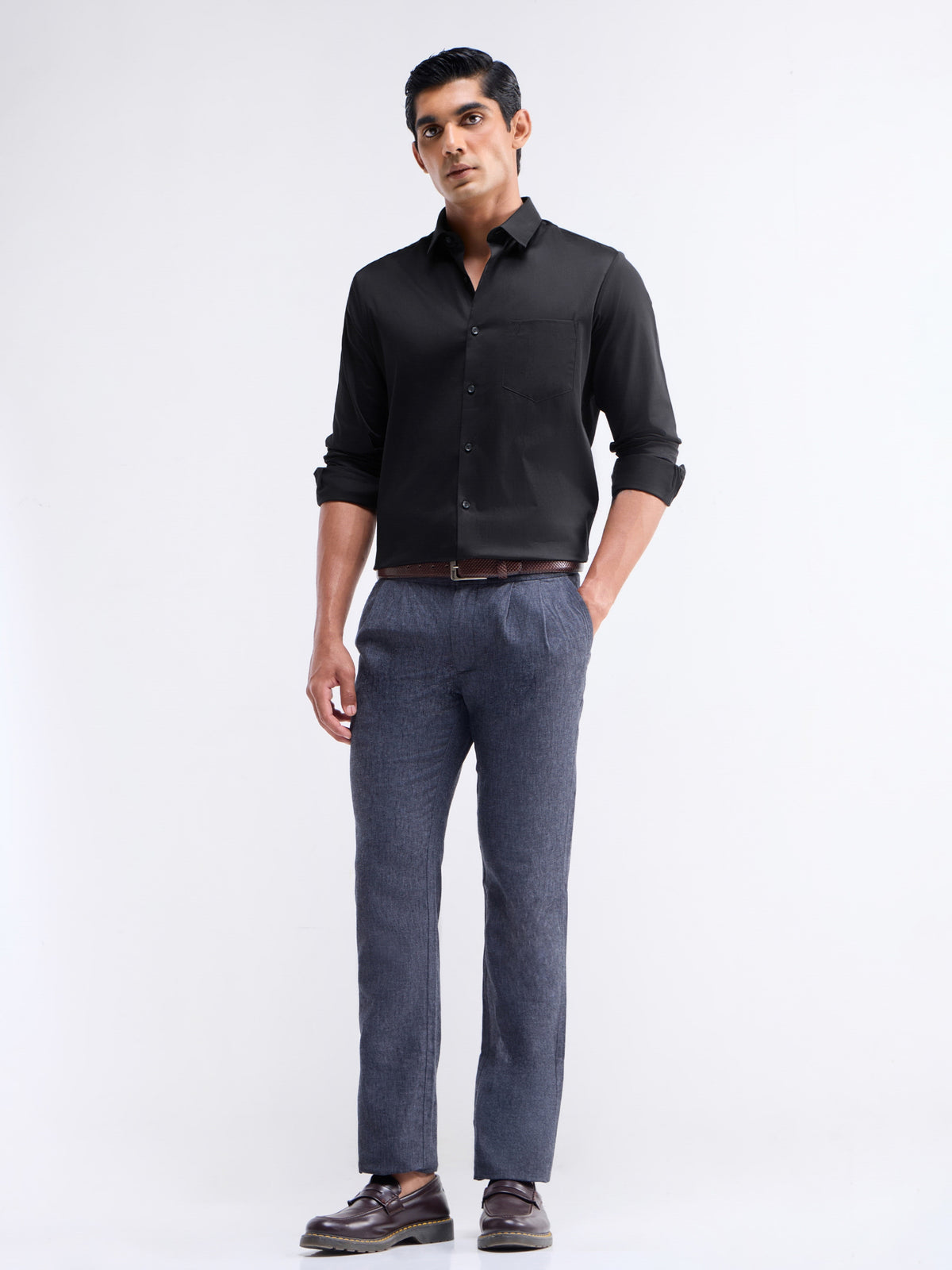 Solid Full Sleeve Cotton Stretch Shirt - Black t4option_3