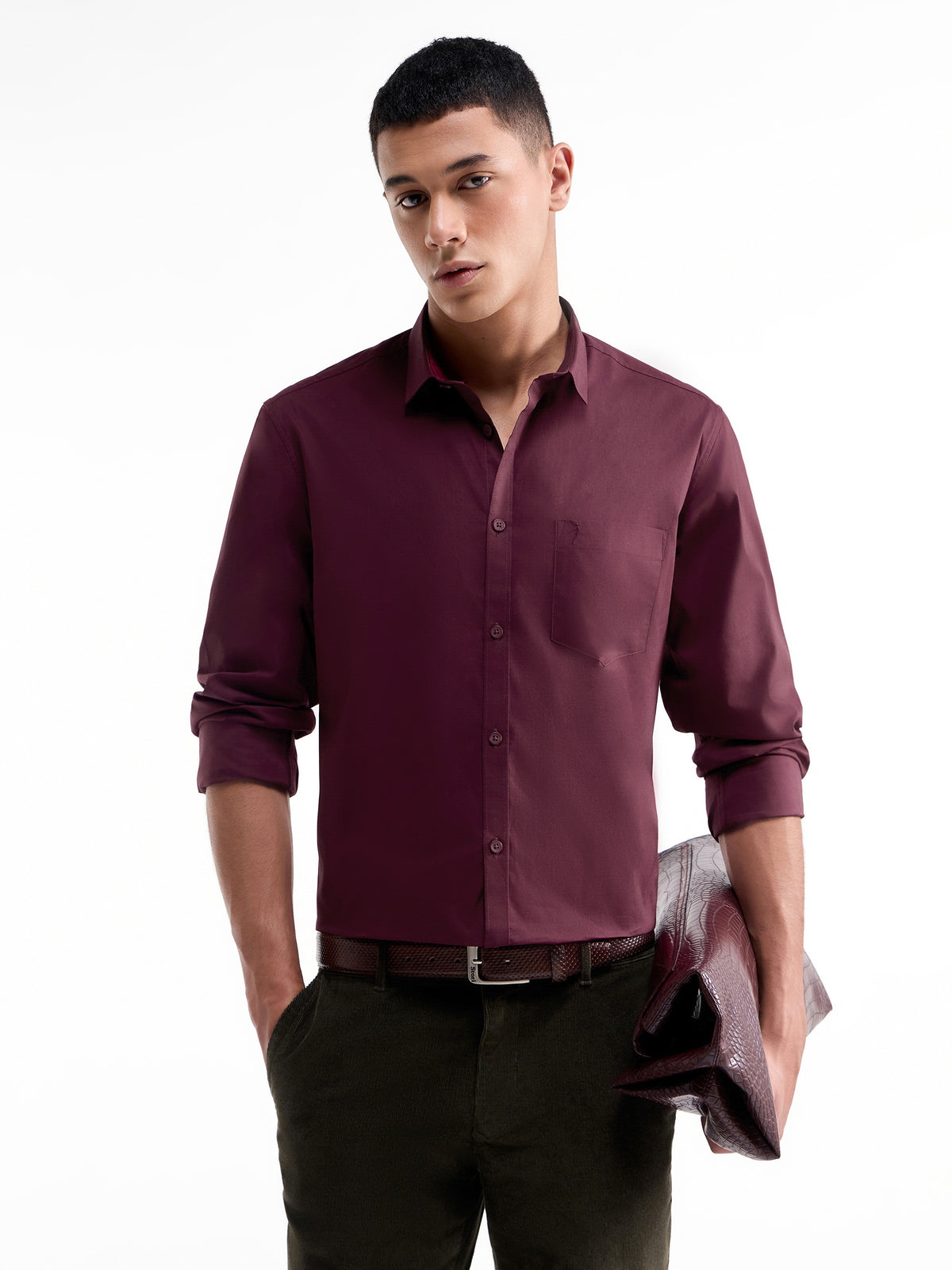 Solid Full Sleeve Cotton Stretch Shirt - Burgundy t4option_4