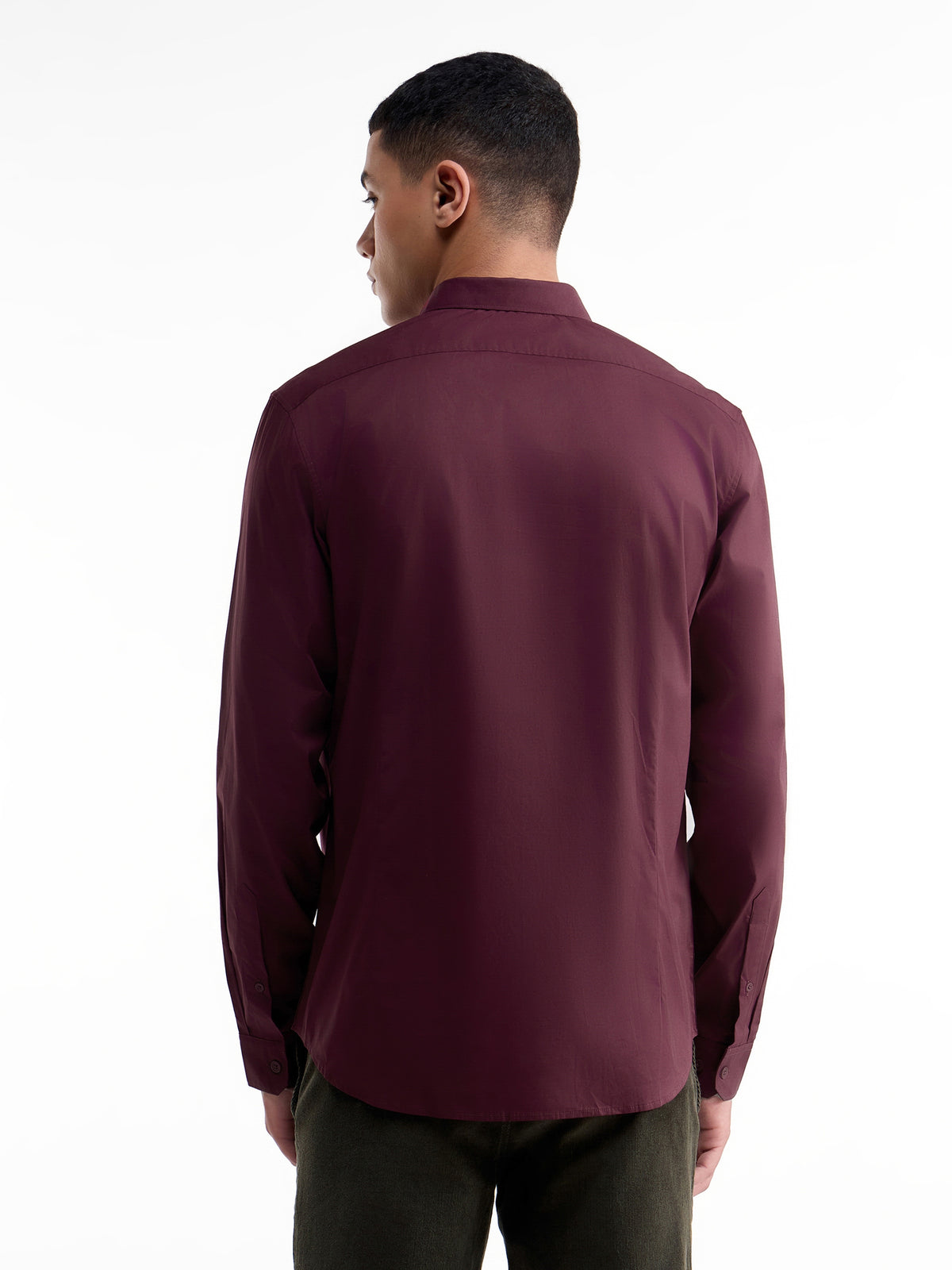 Solid Full Sleeve Cotton Stretch Shirt - Burgundy t4option_4
