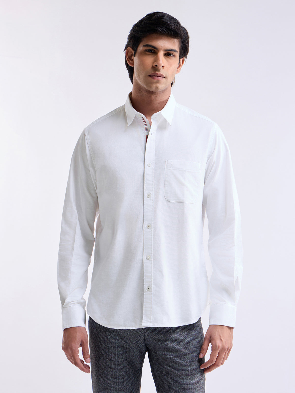 Solid Full Sleeve Cotton Stretch Shirt - White t4option_0