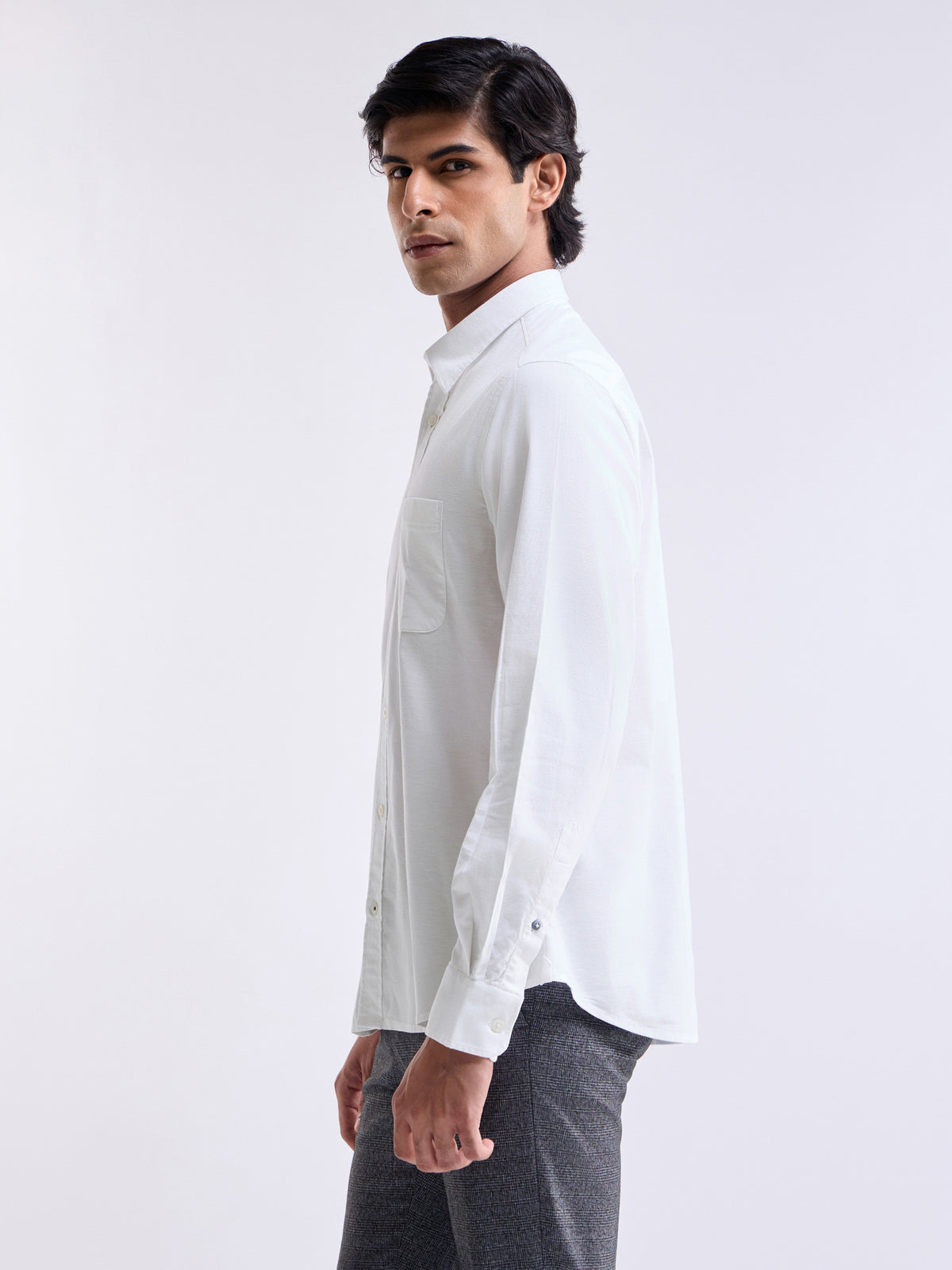 Solid Full Sleeve Cotton Stretch Shirt - White t4option_0